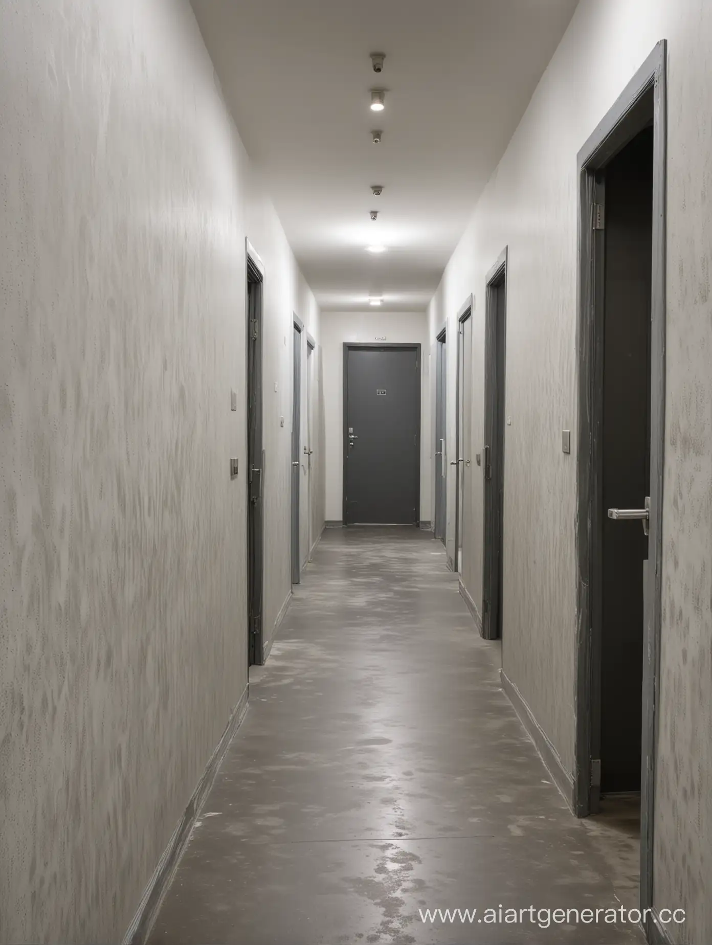 Фото коридора с Виниловыми обоями и с бетоным полом, на стенах коридара расположены двери, случайно открывающеяся и закрывающеяся, что ведут в различные комноты и другие коридоры.