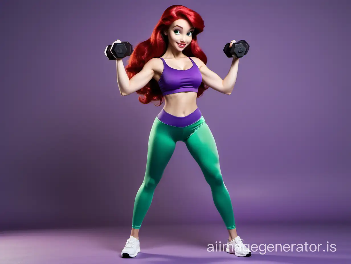 Disney princess Ariel resembling a modern girl in a sports suit, purple top, green bottom, full-length, holding dumbbells, realistic photo, correct proportions, identical eyes, 5 fingers on each hand.