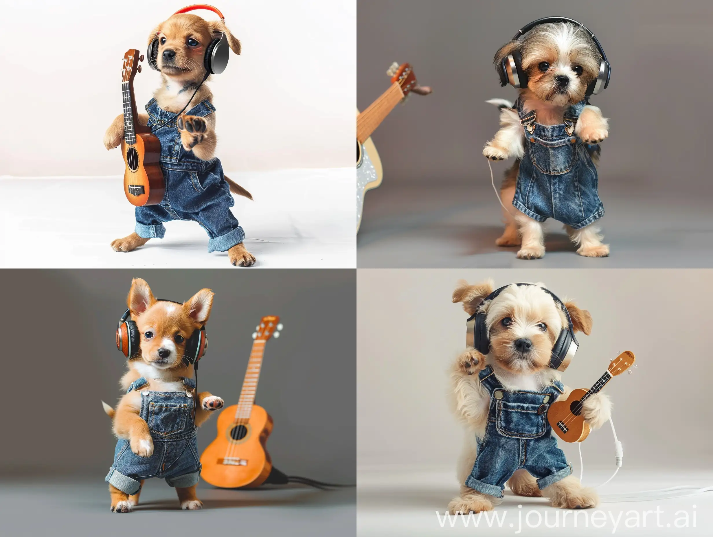 一条可爱的小奶狗，穿着牛仔连体裤，戴着耳机，站着一边听歌一边弹吉他