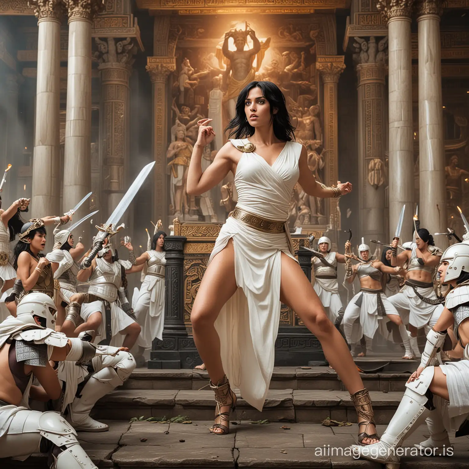 beautiful woman with black hair wearing a white toga fighting a heavily armored amazon inside of a temple throne room surrounded by amazons