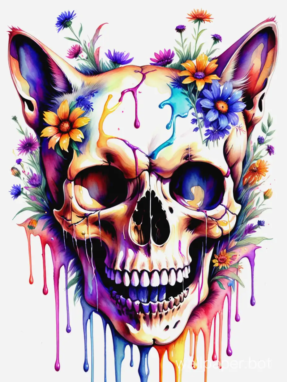 Screaming-Skull-Cat-Amid-Explosively-Dripping-Watercolor-Wildflowers