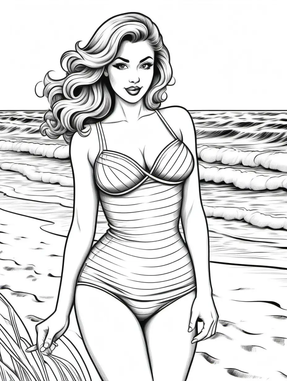 Beach Pinup Coloring Page for Adults Girl Relaxing by the Shore