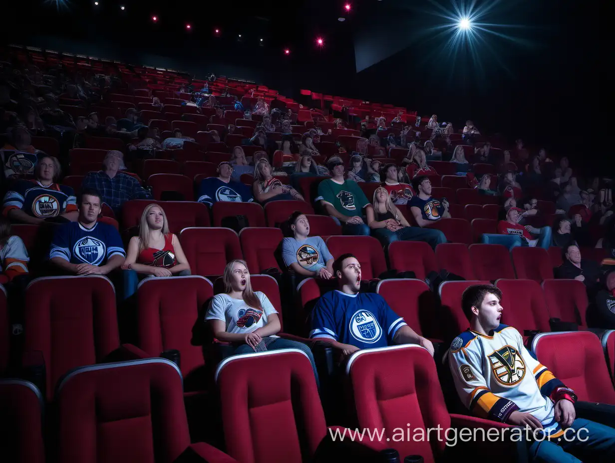 хоккейные фанаты сидят в зале кинотеатра