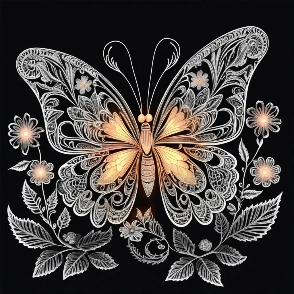 Coloring page glowing intricate butterfliy and flower în the dark with glowing effect