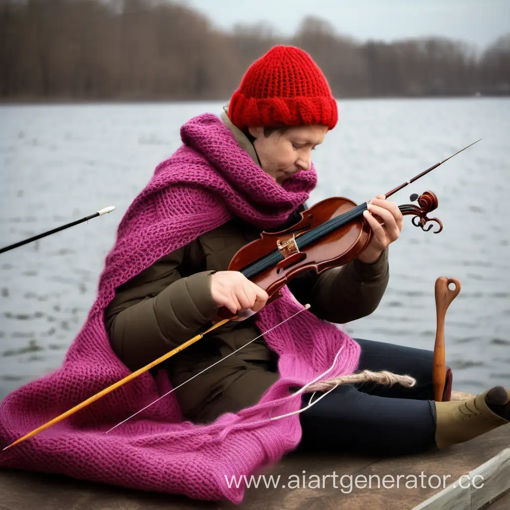 Multitasking-Violinist-Knitting-a-Scarf-and-Fishing