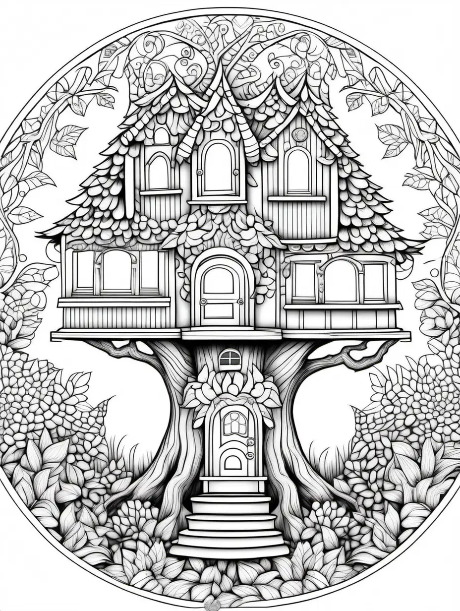 Enchanted Treehouse Mandala Coloring Page for Children
