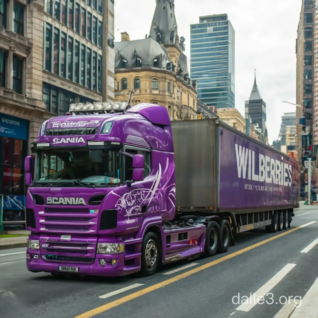 big purple scania truck with trailer "wildberries" in the big city. realistic style