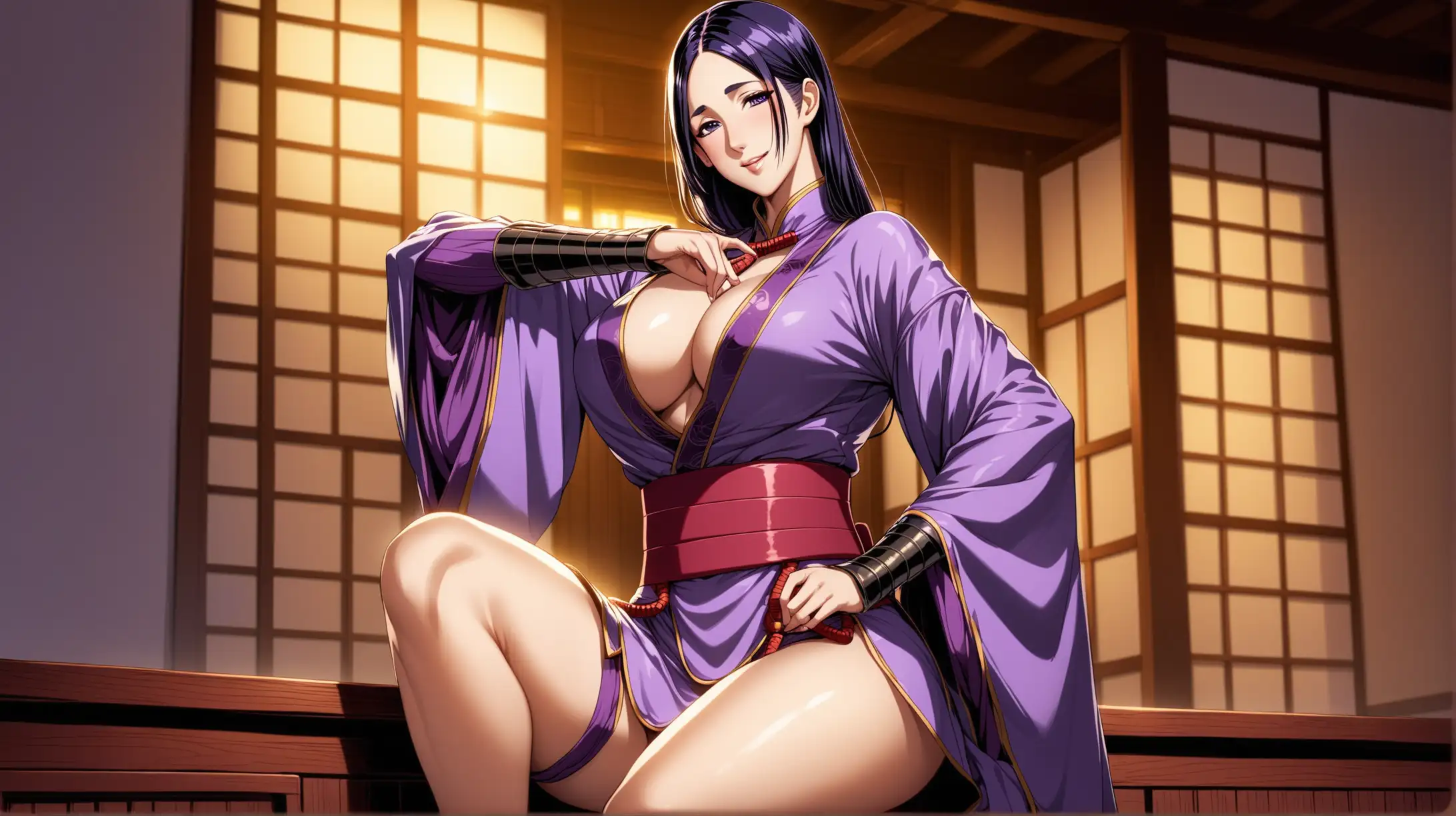 Draw the character Minamoto no Raikou, high quality, ambient lighting, long shot, indoors, in a seductive pose, wearing a fun western fashion outfit, smiling at the viewer