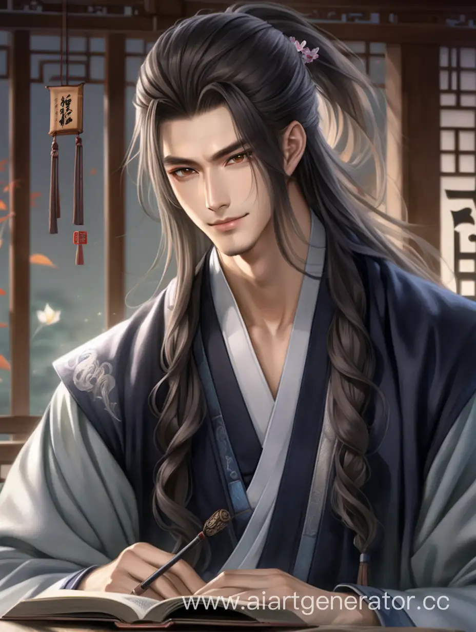 Handsome-Young-Man-with-Long-Wavy-Hair-Reading-in-Plain-Dark-Hanfu