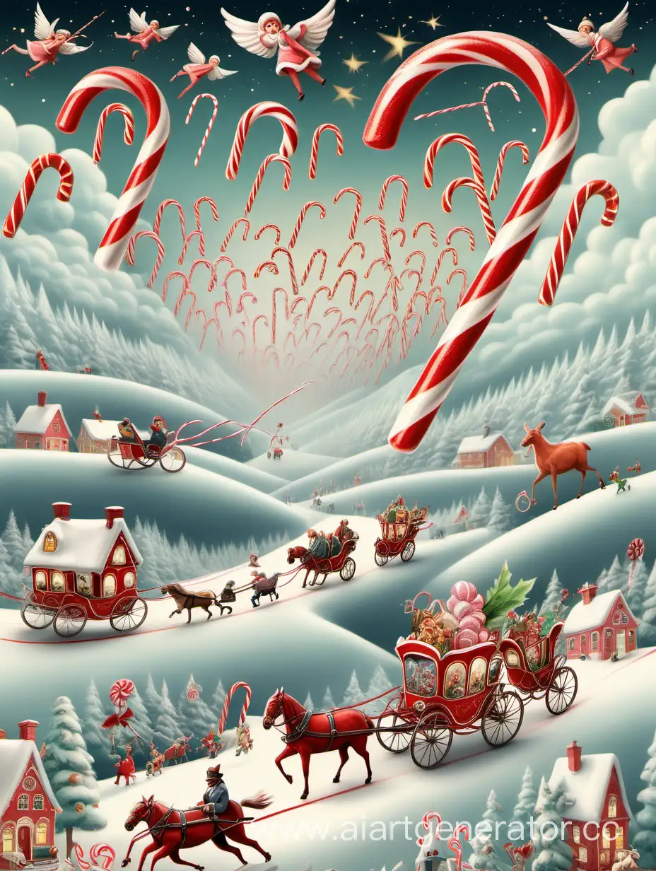 A landscape with candy canes, animals with wings and people travelling in flying carriages pulling candy canes behind them