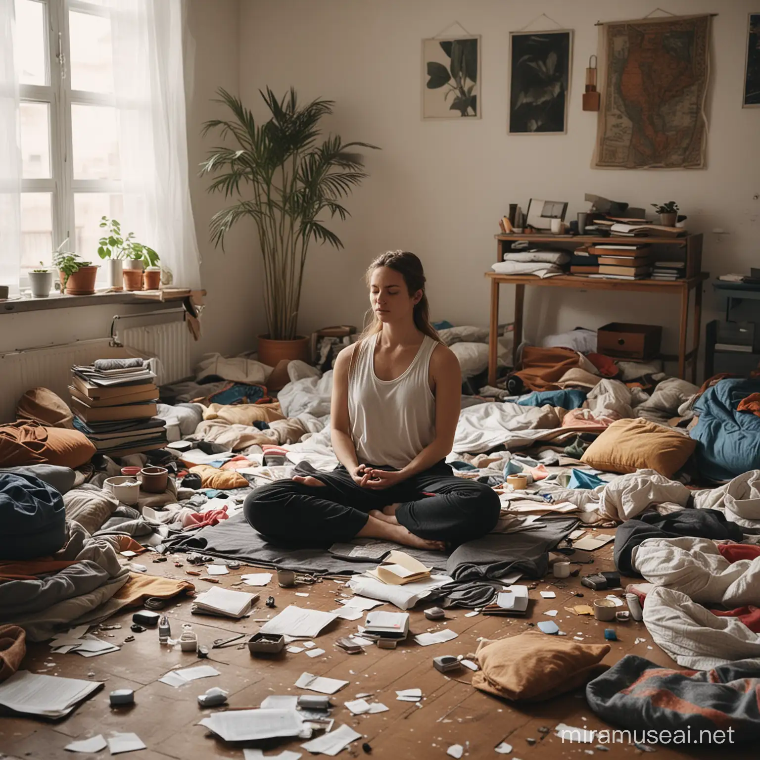  person meditating in a messy room,