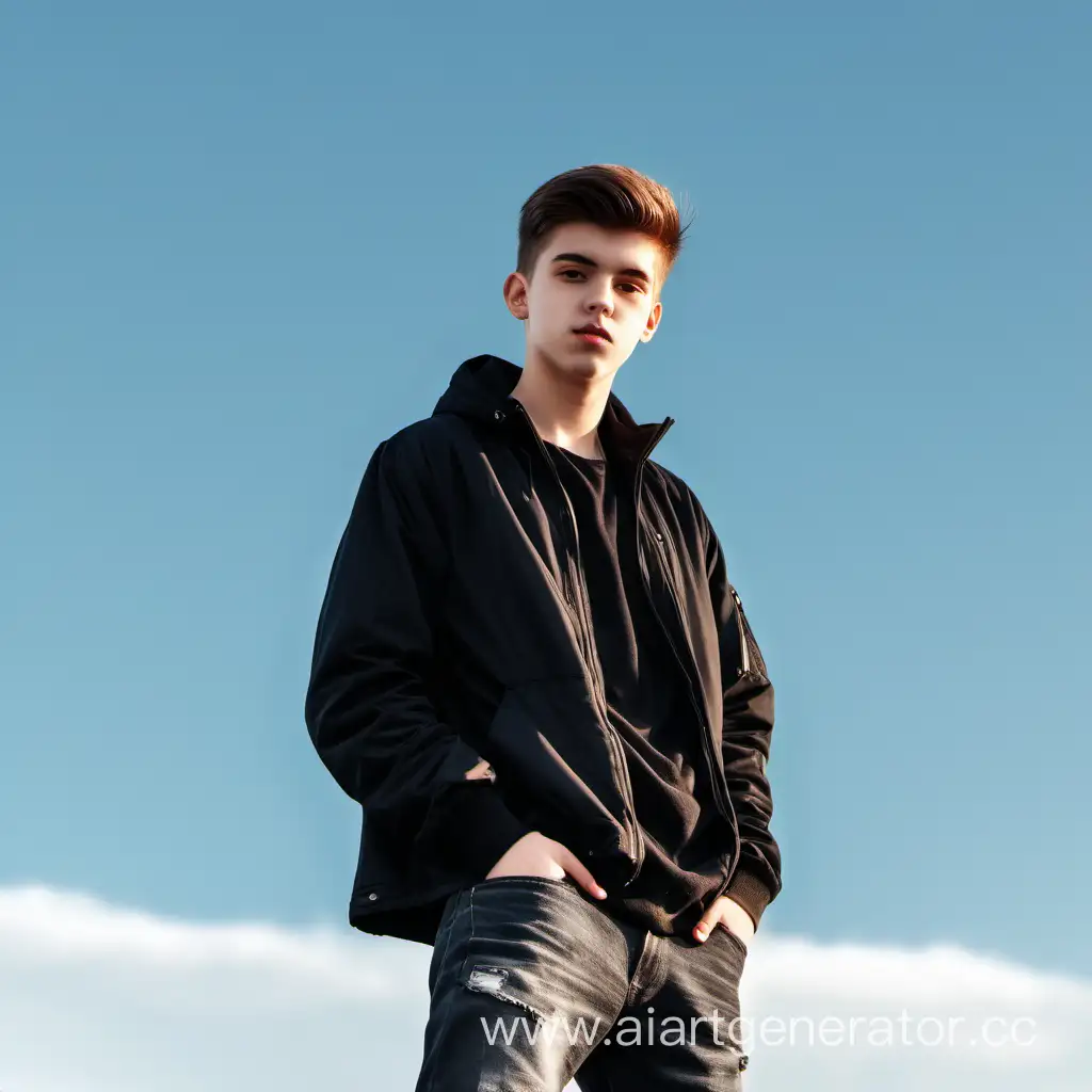 Молодой парень, 18 лет, в черной куртке, на фоне неба, в полный рост, руки в кармане 