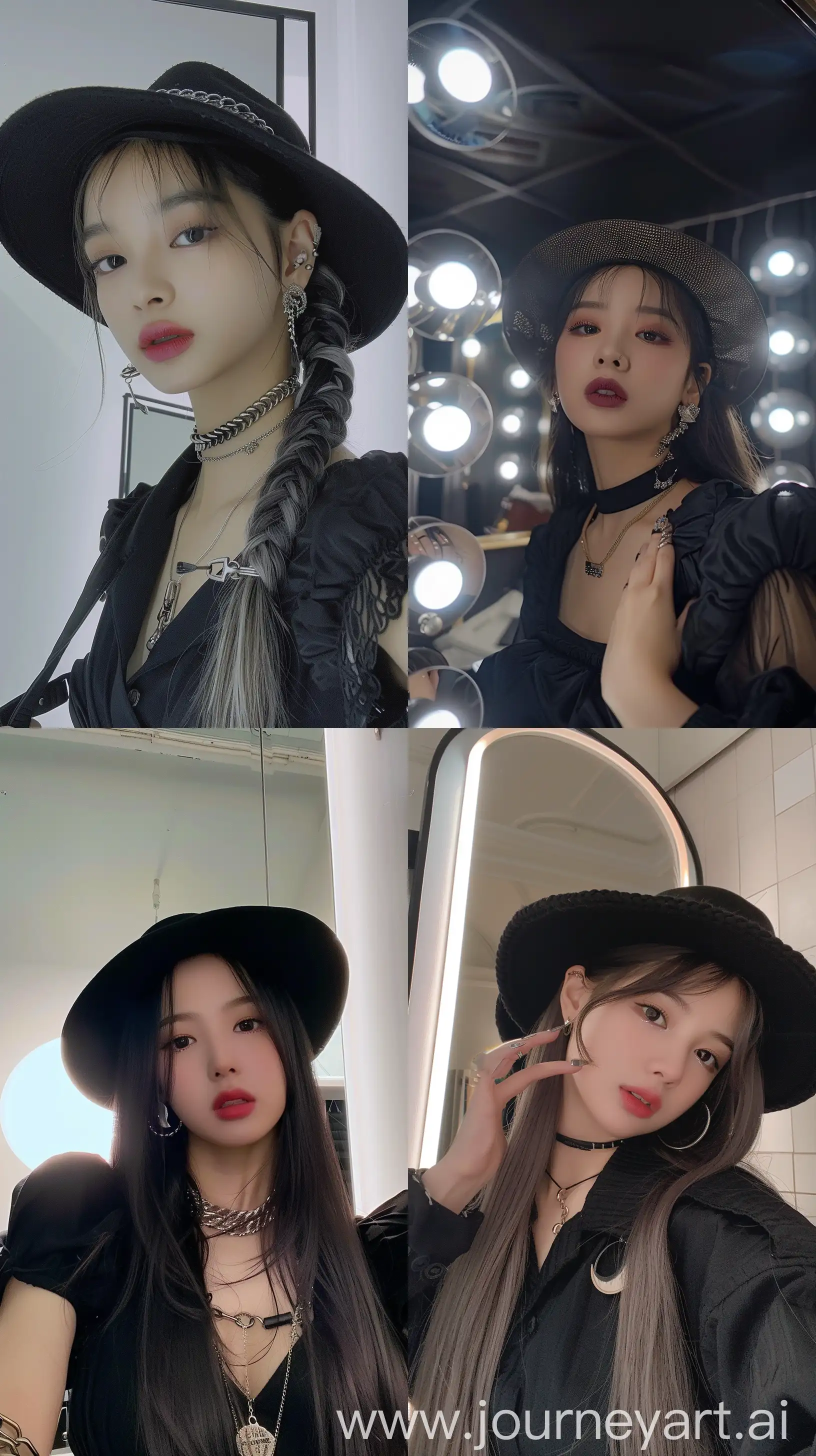 a blackpink's jennie,aestethic mirror selfie, wearing cute black clothes,stylish flathat, aestethic make up --ar 9:16