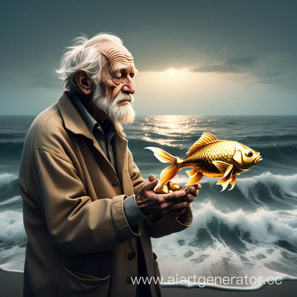 иллюстрация бедного старика, держащего в руках золотую рыбку и смотрящего на нее, на фоне изображения пустое море