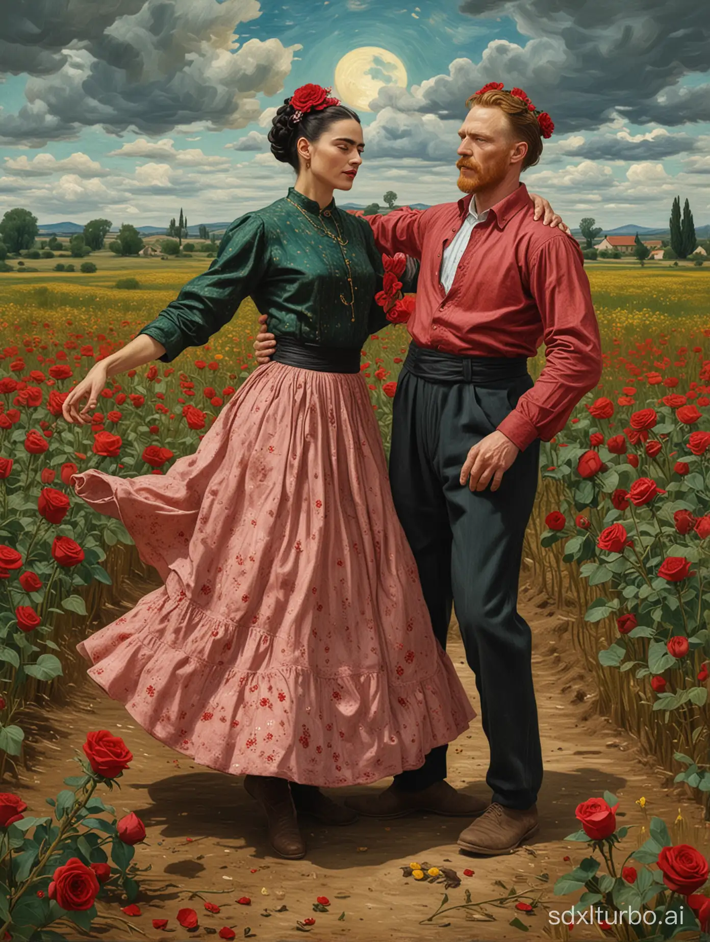 "Vincent van gogh and frida kahlo dancing on the corpse of a rose in the field"

van gogh style