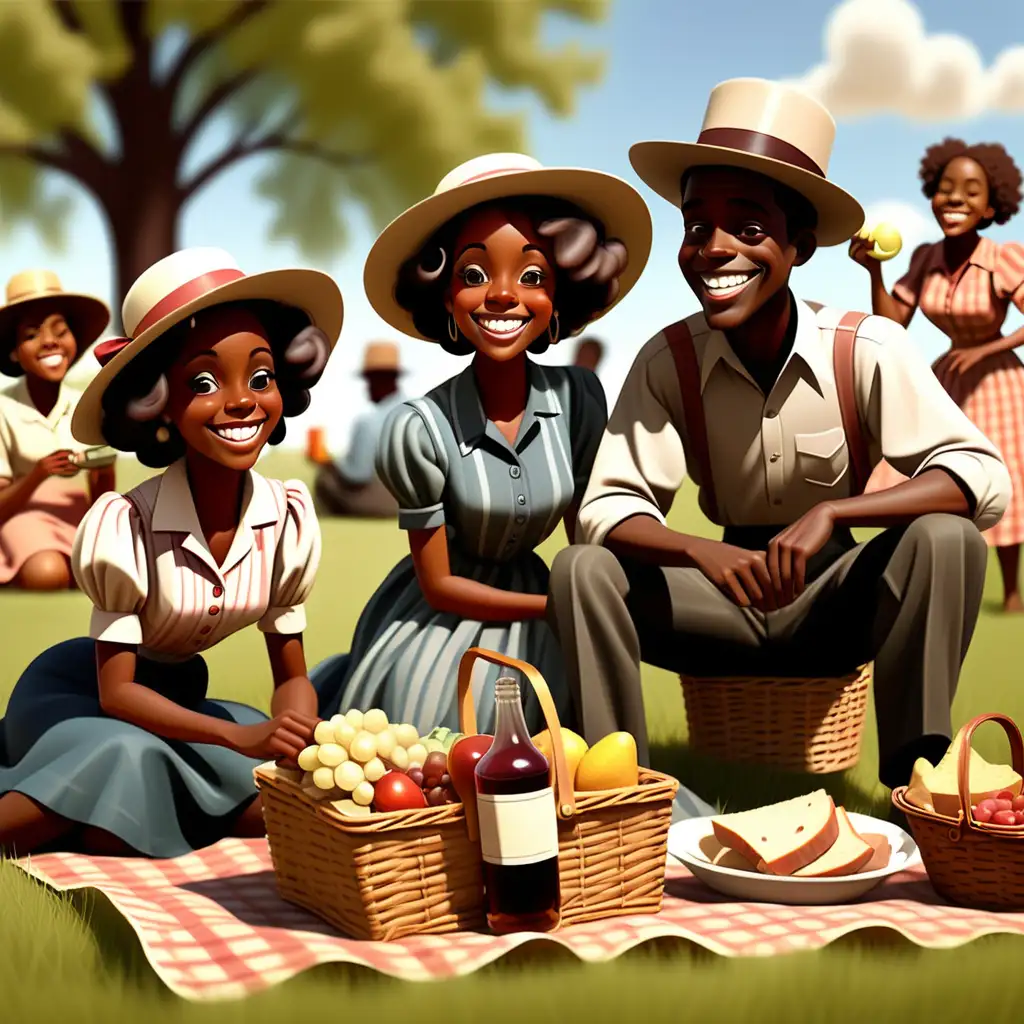 1900s cartoon style African Americans having a picnic on the grass at the community center in New Mexico smiling
