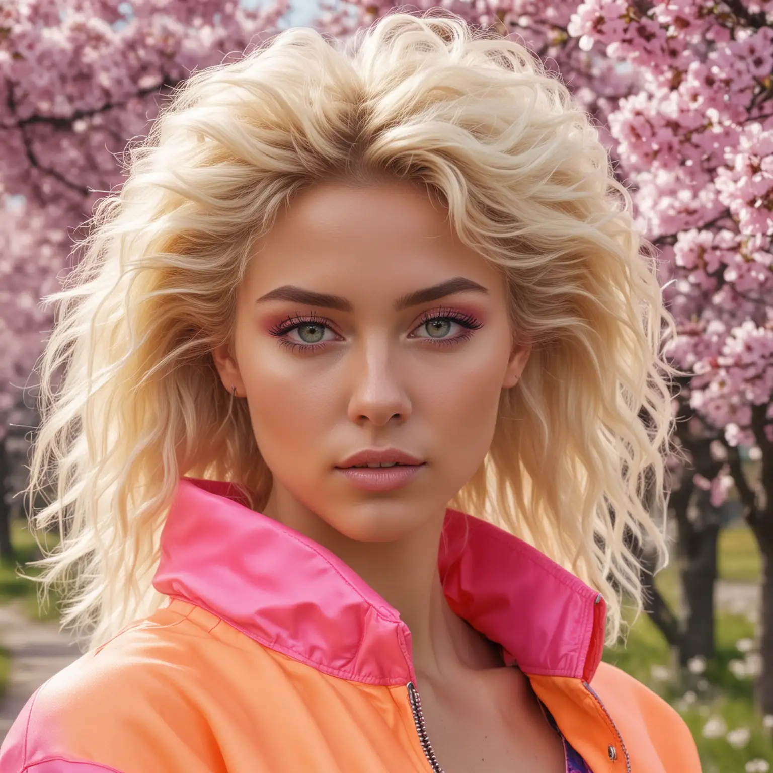 Beautiful Nordic woman, very attractive face, detailed eyes, neon eye shadow, afro long blonde hair, Neon coloured festival clothes 90s style, close up, facing away from camera, looking back over her shoulder, standing bright coloured blossoming spring view, photorealistic, very high detail, extra wide photo, full body photo, aerial photo