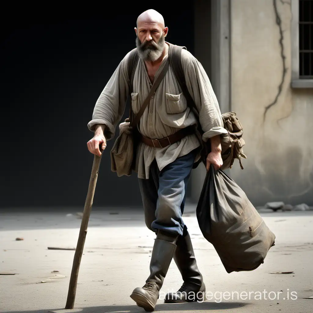 A man of medium height, stocky, robust, 46 years old, visor cap, old gray tattered blouse, huge stick in hand, a soldier's bag on his back, shaved head, long beard, iron-shod shoes. Jean Valjean