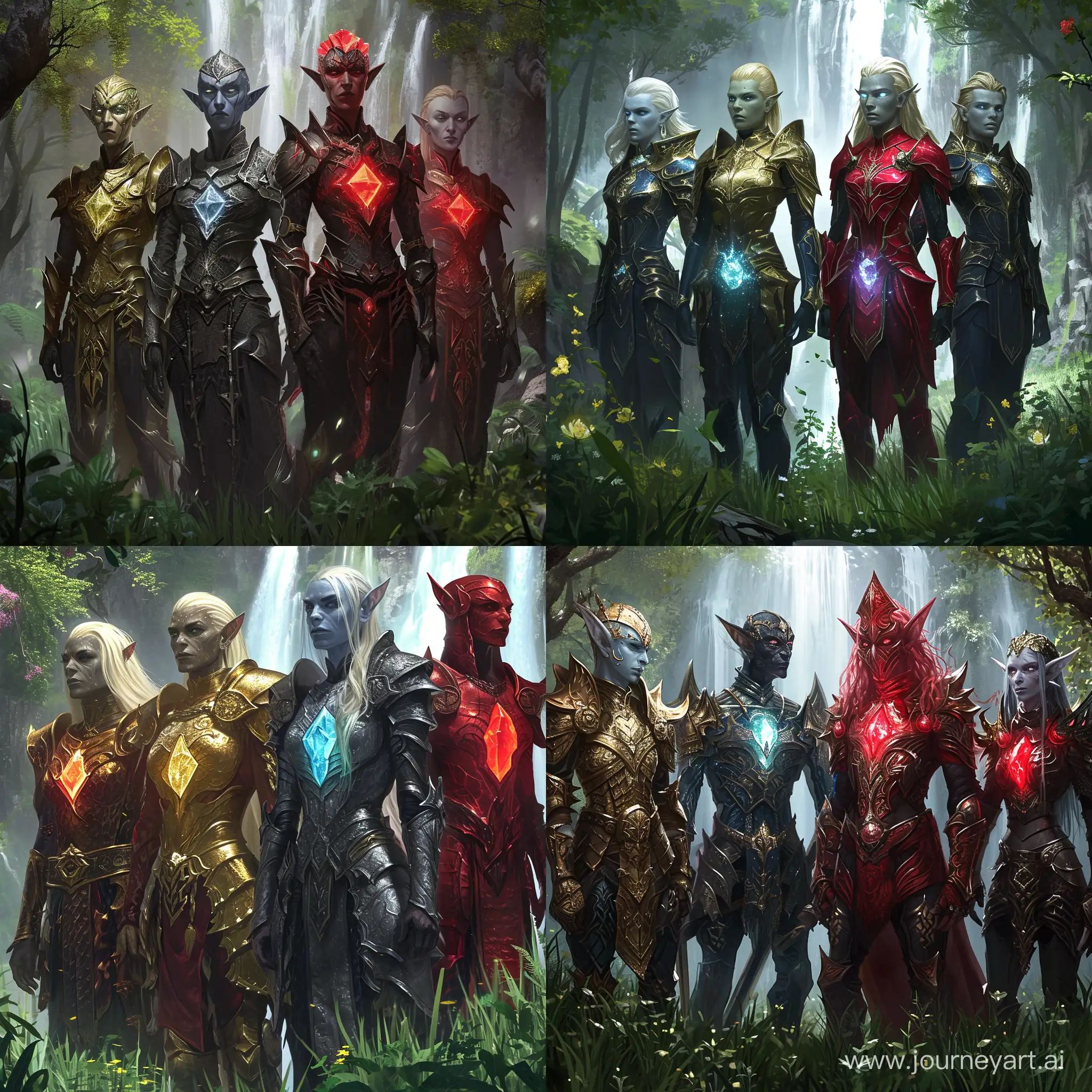 Generate image a  four families of elves:
- elves of the west gilded armor
- midnight elves
- Elves of the East red armor
- dark half-elves with pale faces that look like ghosts, heavy armor,
magic crystal on chests in light glow, forest, waterfalls,
grass, fantasy, epic, 4k, hd
