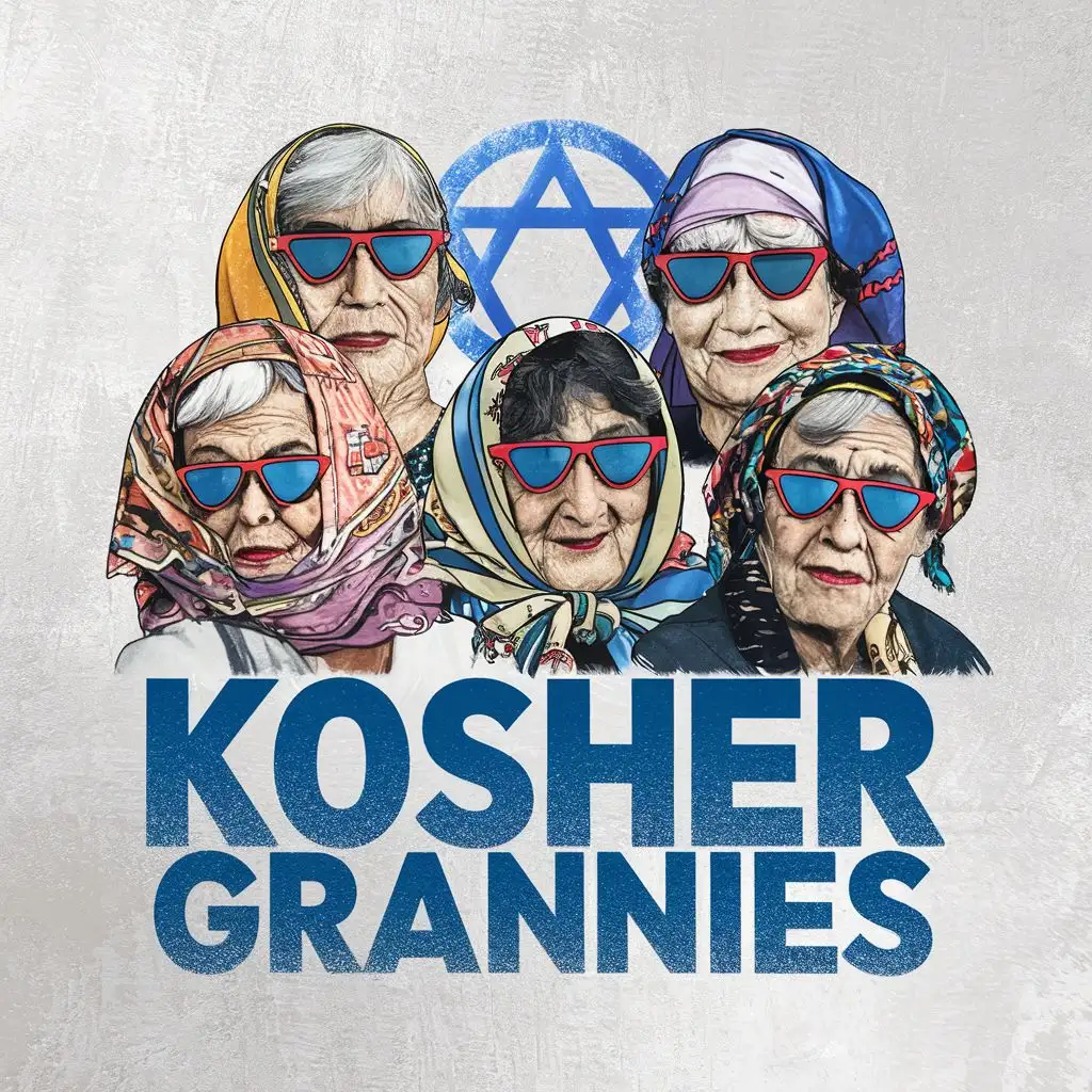 logo, Israel, yellow, blue, white, old school very Jewish looking grannies with David star sunglasses, Israeli colorful headscarves, star of david, Paul Klee, with the text "Kosher Grannies", typography, be used in Automotive industry