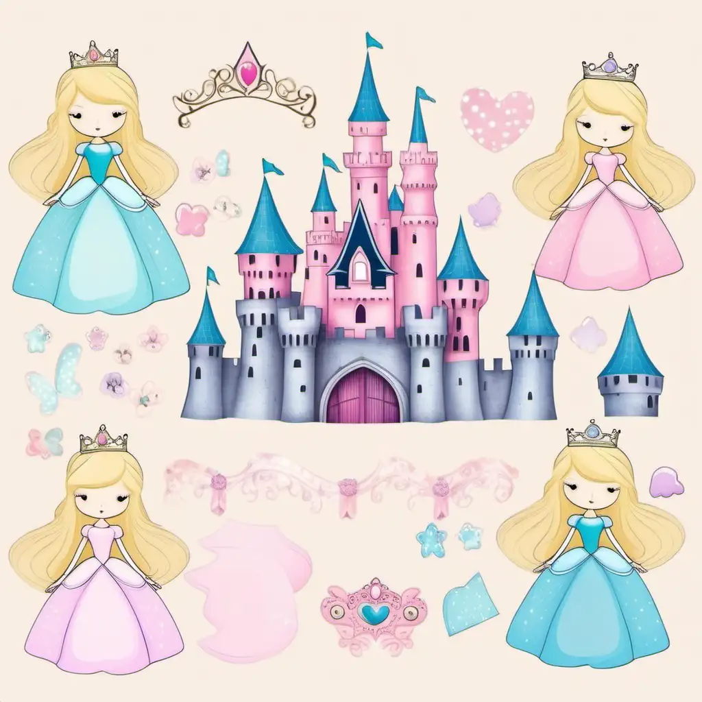 Clip art Elements in  illustration , cute {sleeping beauty castle, chibi princess friends}, pastel colors