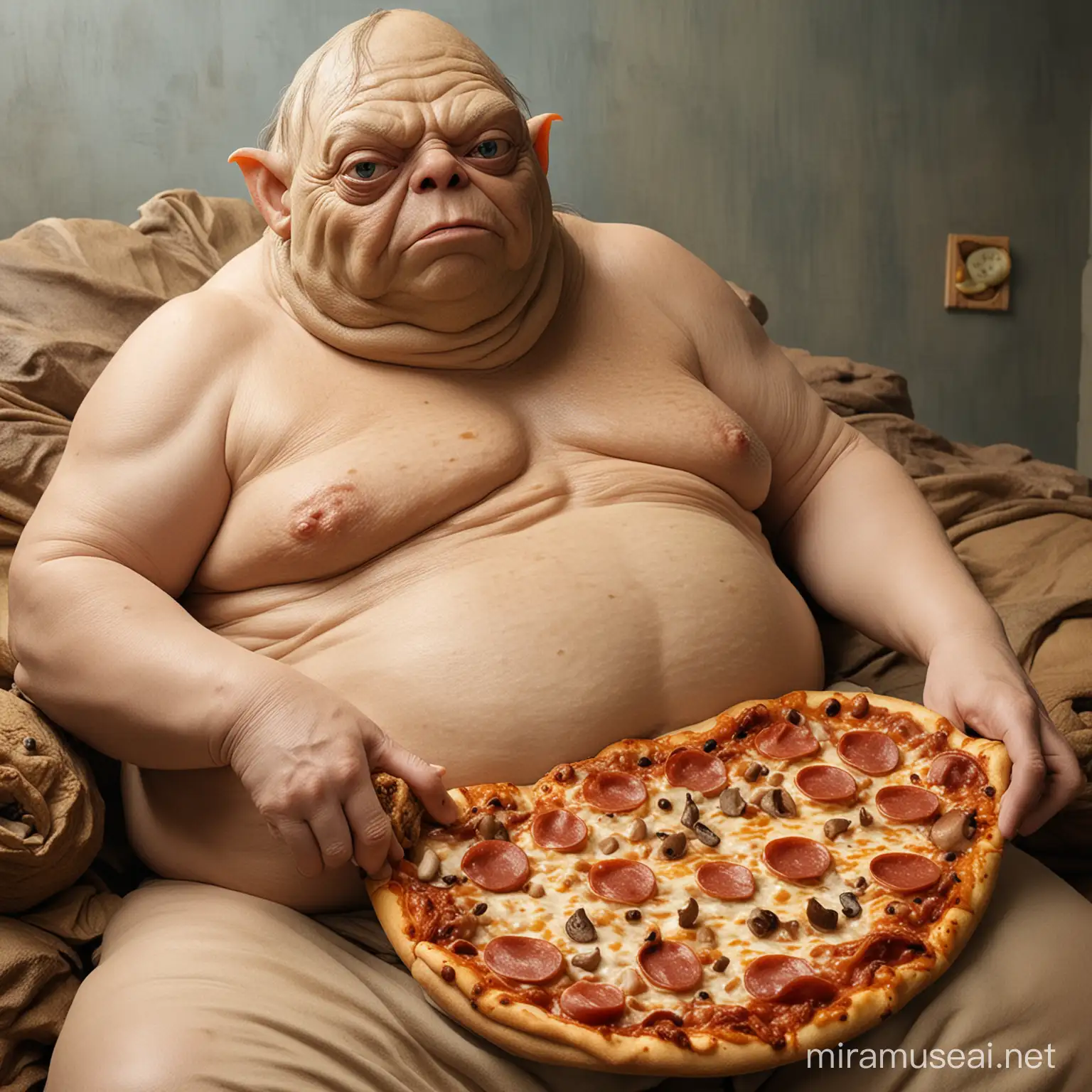 Fantasy Character Gollum Cosplaying as Jabba the Hutt with Pizza on Belly