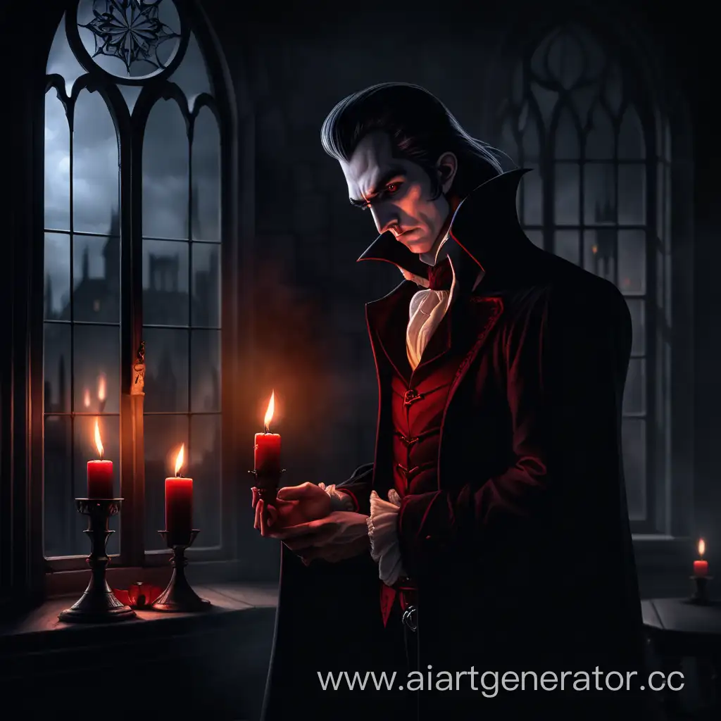 грустный вампир стоит у окна, темной башни, в руках горящая свеча