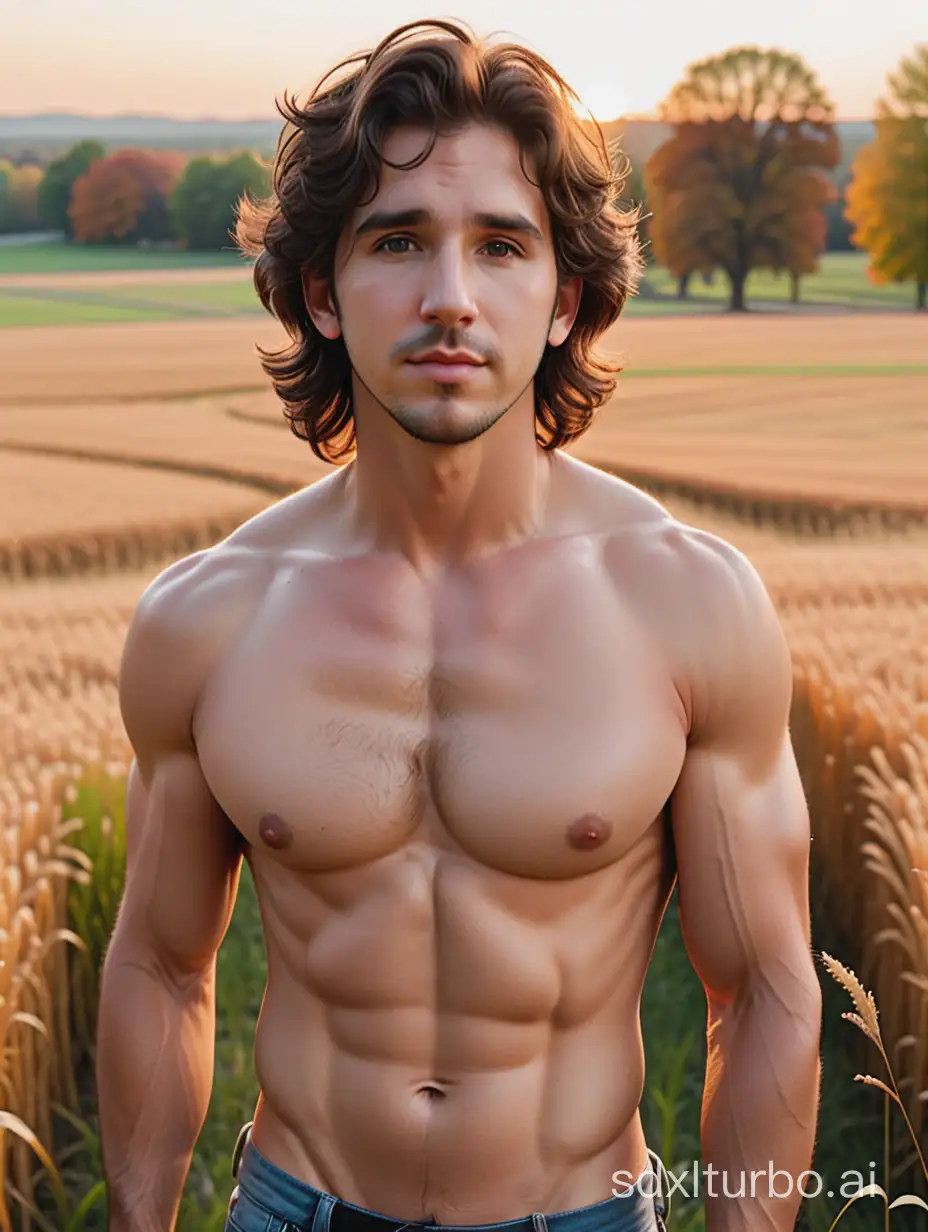 youthful fit and built Adonis-like Josh Groban, with hairy chest and eight pack abs shirtless in vintage ripped jeans, in a midwestern meadow during fall at sunset, vibrant volumetric lighting on face and eyes, medium upper body shot, 16k, very high quality, very high resolution, 35mm camera, Adonis, nsfw, face and upper body portrait by Bruce Weber,