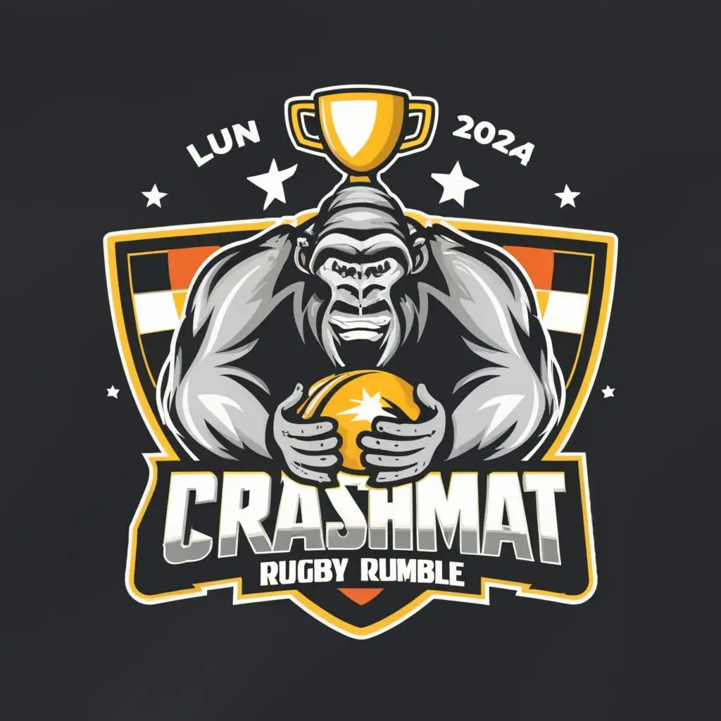 logo, Ball, Trophy, Gorilla, with the text "Crashmat Rugby Rumble", Lund, 2024
typography, be used in Entertainment industry