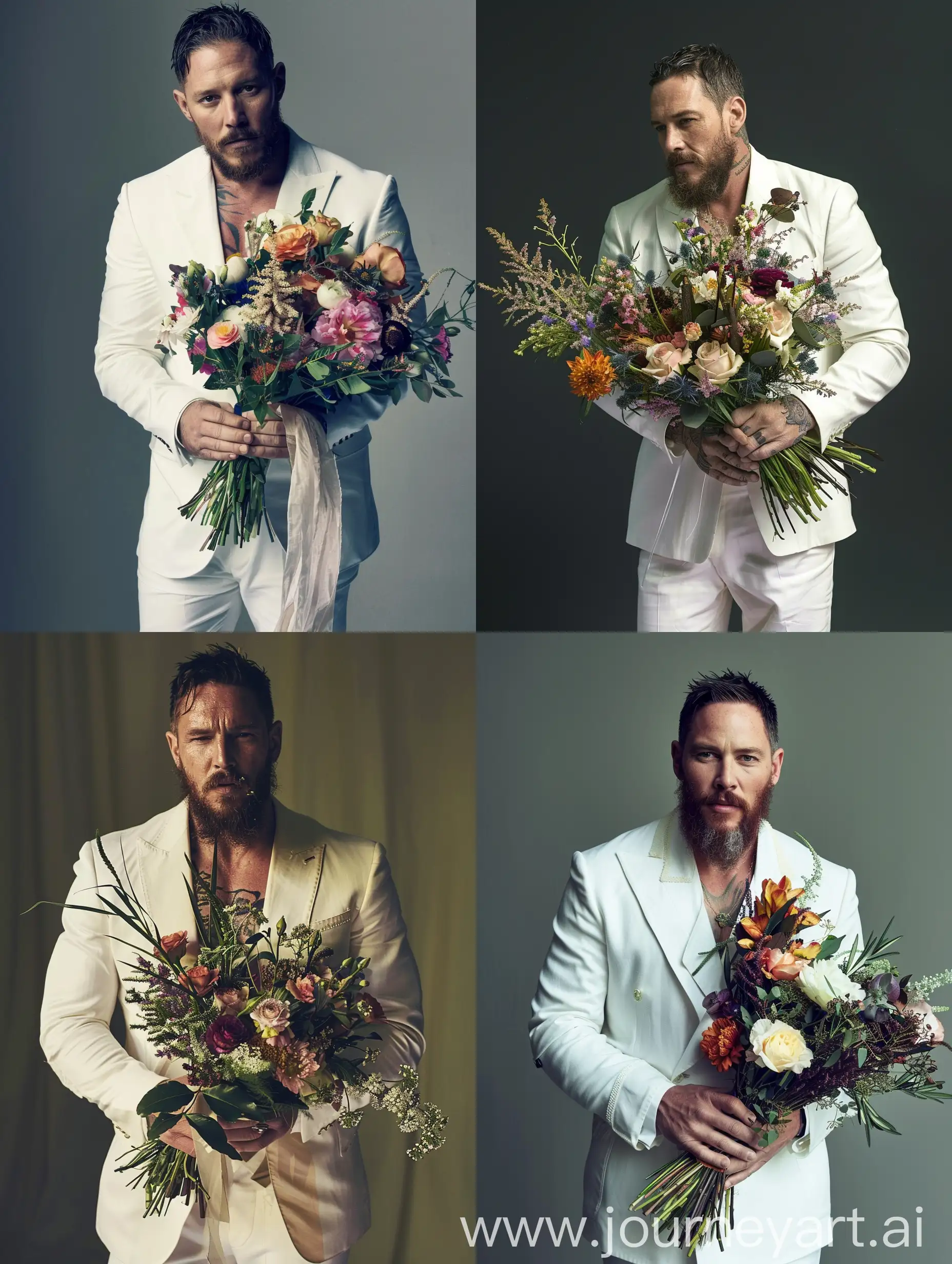 Tom-Hardy-Holding-Bouquet-of-Flowers-in-Elegant-White-Suit