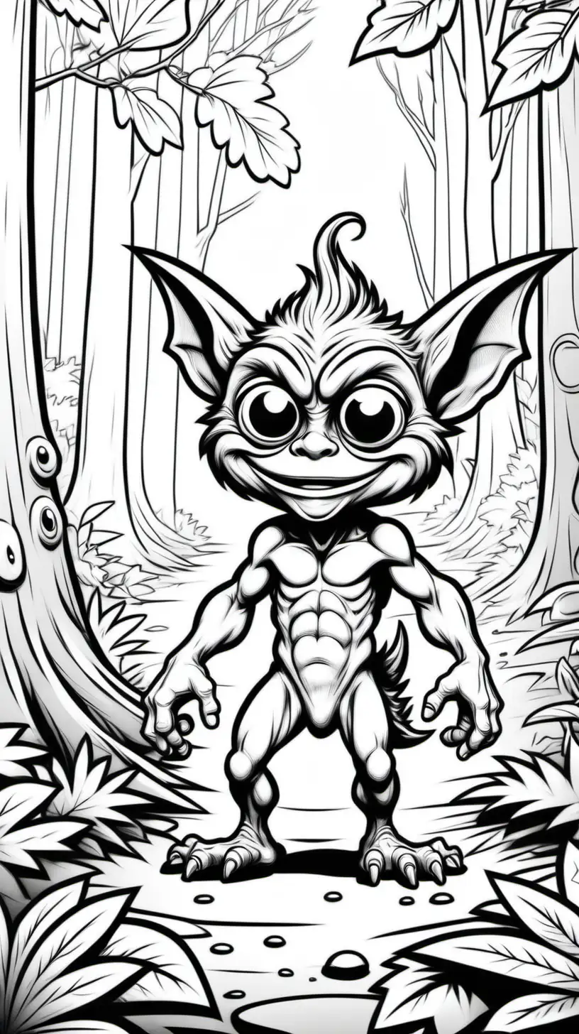 Whimsical Forest Adventure Coloring Page for Kids with Silly Gremlin Creature