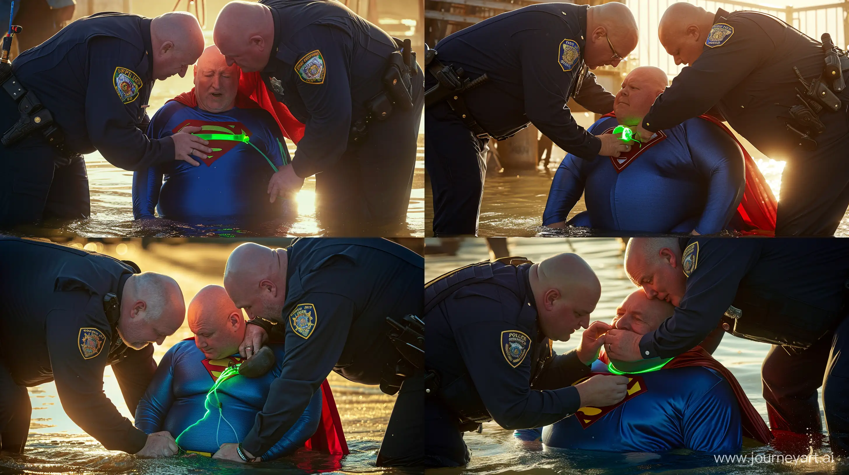 Close-up photo of two chubby man aged 60 wearing a long-sleeved navy police uniform, bending over and tightening a green glowing small short dog collar on the neck of another chubby man aged 60 sitting in the water and wearing a blue silky superman costume with a large red cape. Outside. Sunlight. Bald. Clean Shaven. --style raw --ar 16:9 --v 6