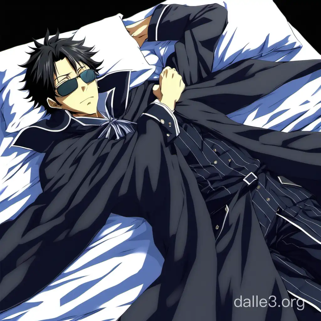 Akutagawa Ryunosuke, dakimakura, Akutagawa lying on his back, dakimakura made full-length character, Akutagawa Ryunosuke character from popular anime, Akutagawa has dark glasses on his face, character is wearing a cape, dakimakura in full height