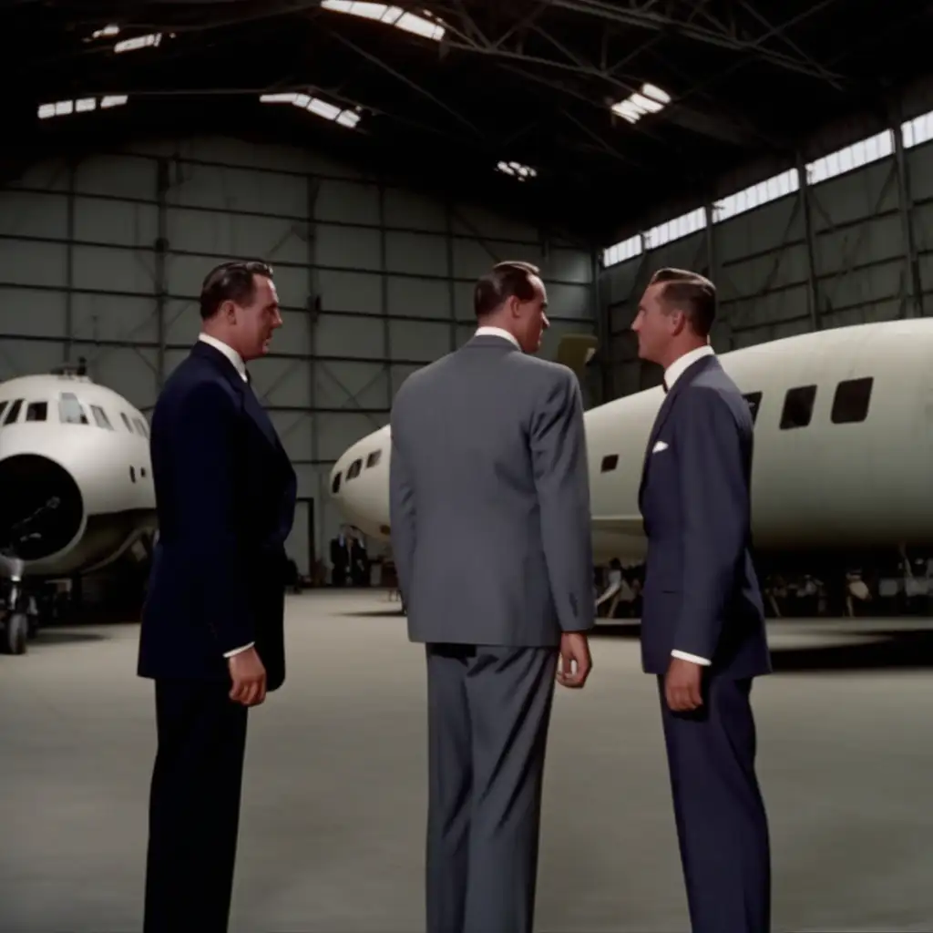 vintage footage of a secret meeting between men in suits inside a large aircraft hanger