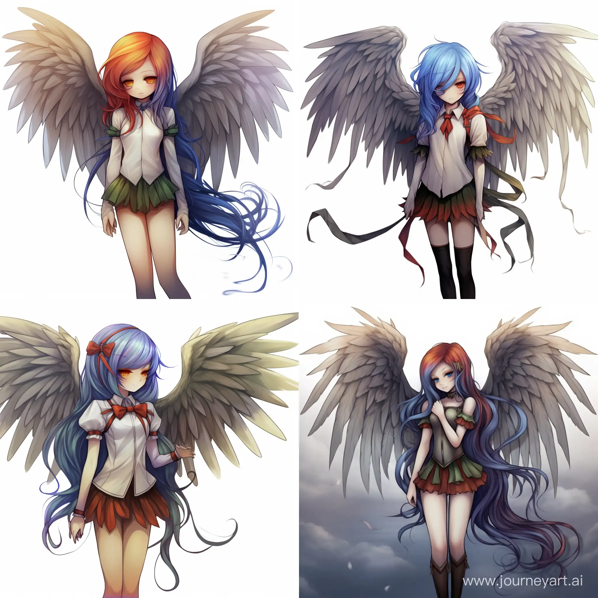 bird girl with raimbowhair and wings under arms 
