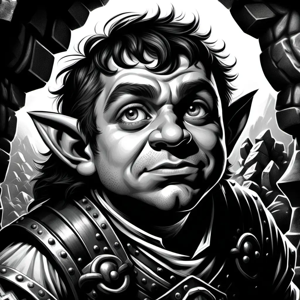 Close up portrait of a male halfling adventurer in black and white dungeon crawl classics style illustration.
