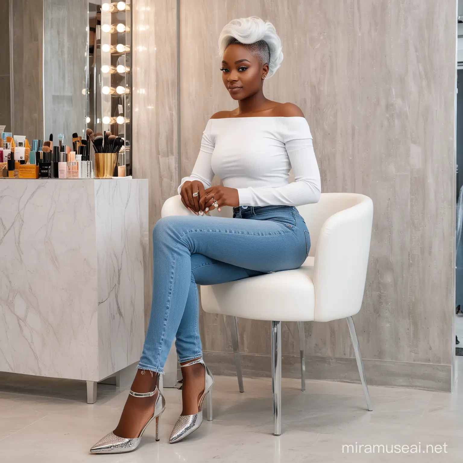 In a large, chic and colorful beauty salon, show a captivating image of a Nigerian woman wearing a white top over jeans. She wears icy silver hair and is seated very close to the entrance on a chair, where she can be seen doing her nails.