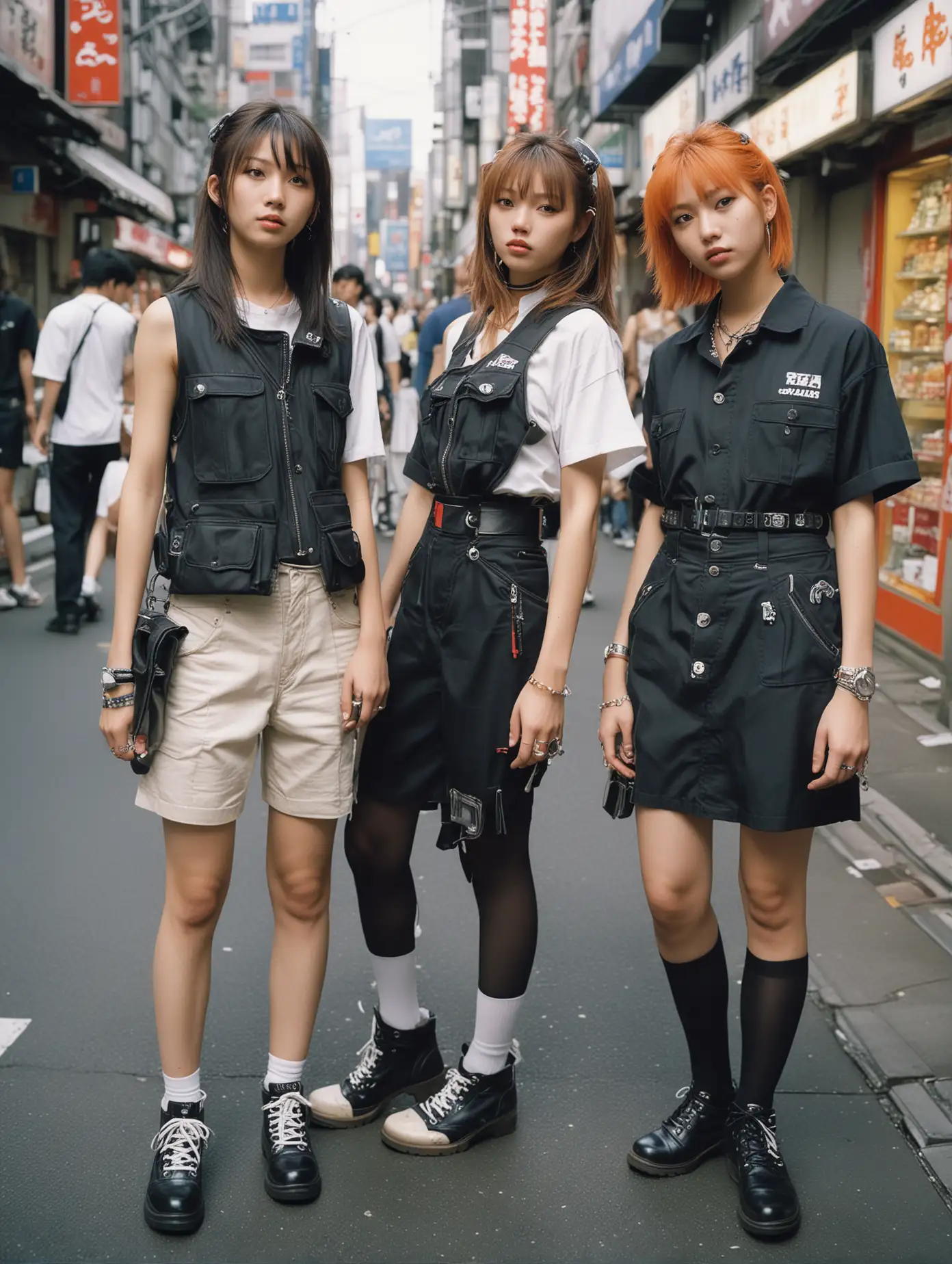 real photos of Japanese teenagers showing their  street fashions in Shinjuku circa year 2000, exaggerated sensual fashion based on punk mechanic, in the style of Shoichi Aoki photos for “Fruits” magazine
