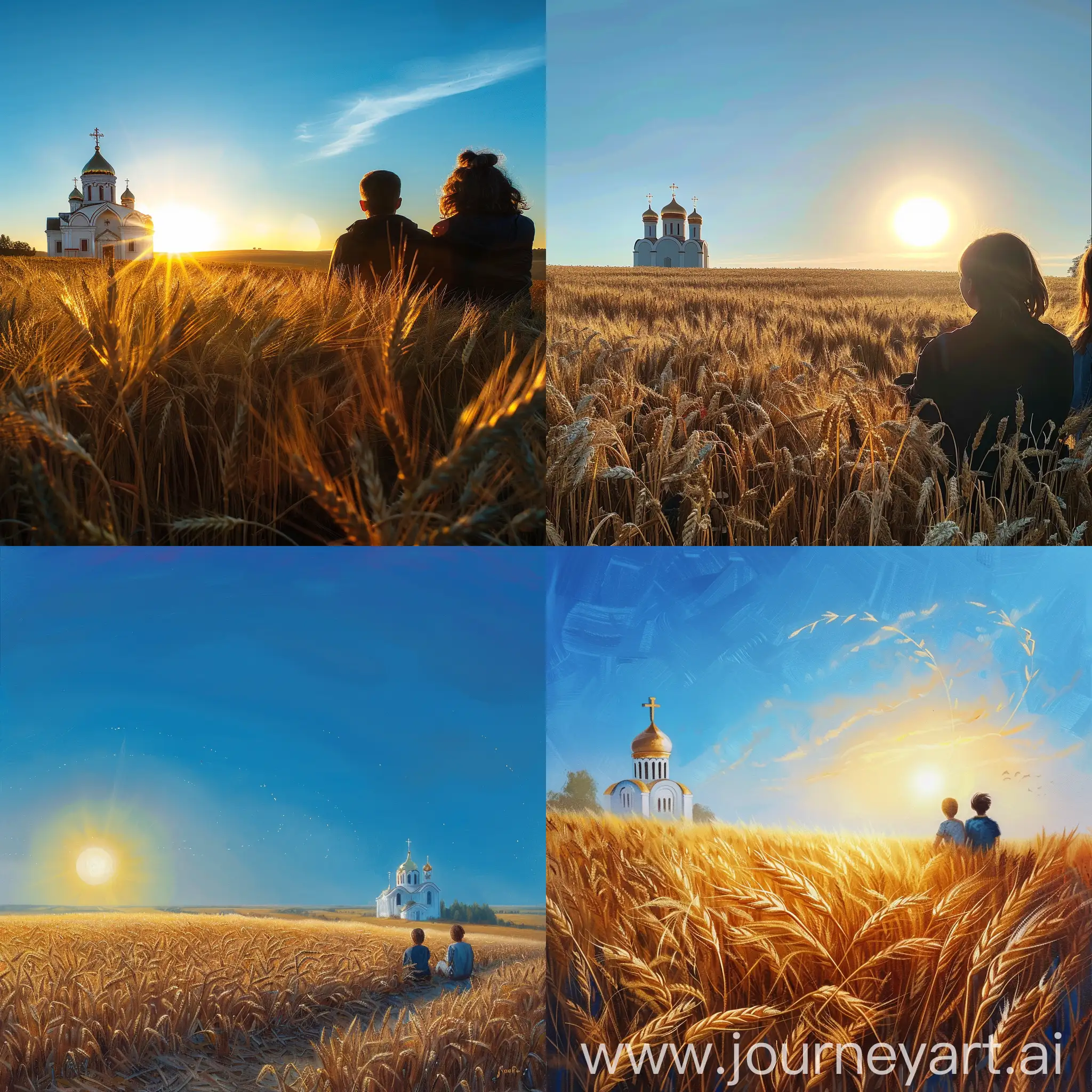 Солнце восходит над пшеничным полем, голубое небо, на горизонте православная церковь белого цвета, двое смотрят на восходящее солнце