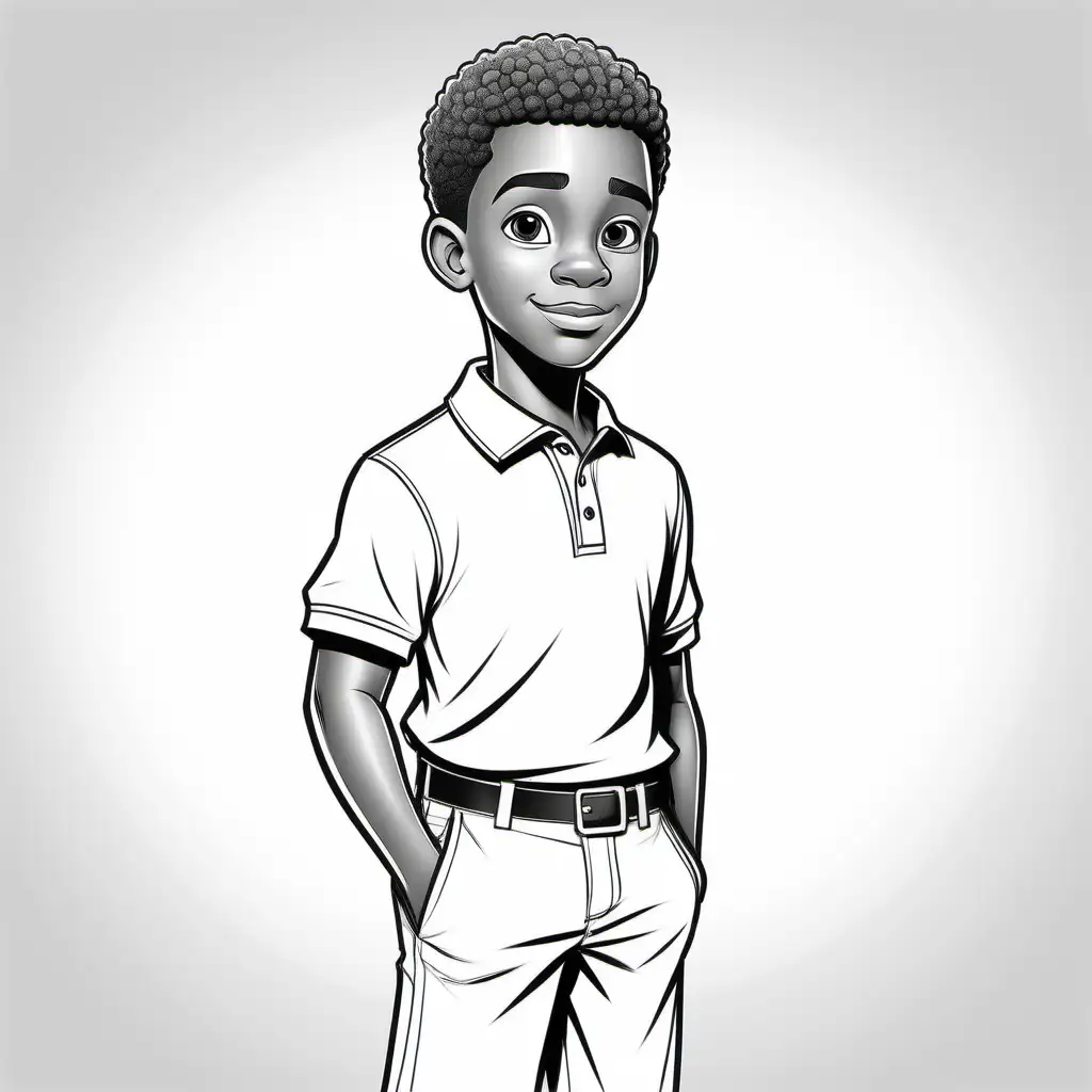 black and white, coloring book page, no background, no dither 1 African American boy wearing  a polo shirt and pants, well composed, Disney style