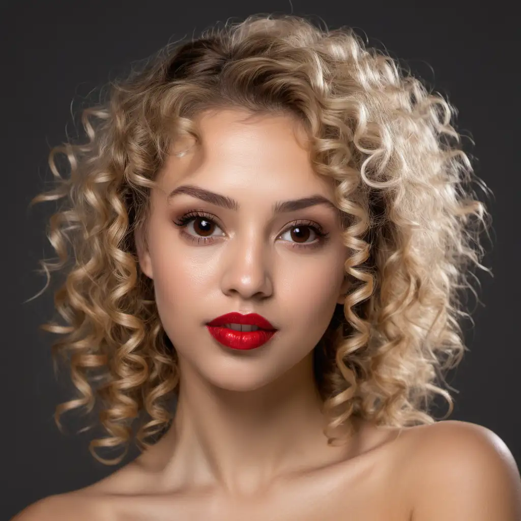 Woman with beautiful face, red lipstick, brown eyes, blonde curly hair, small boobs