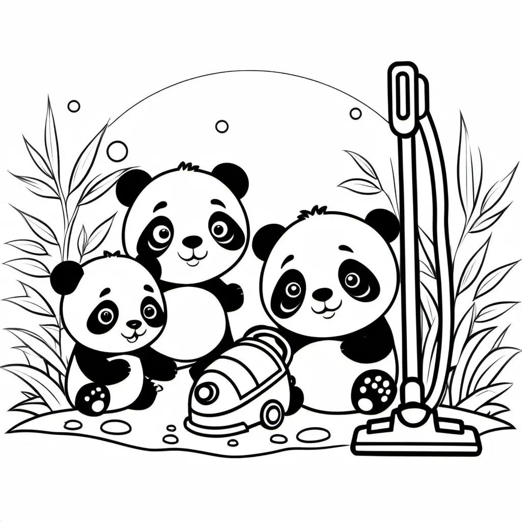 panda family using a vacuum, Coloring Page, black and white, line art, white background, Simplicity, Ample White Space. The background of the coloring page is plain white to make it easy for young children to color within the lines. The outlines of all the subjects are easy to distinguish, making it simple for kids to color without too much difficulty