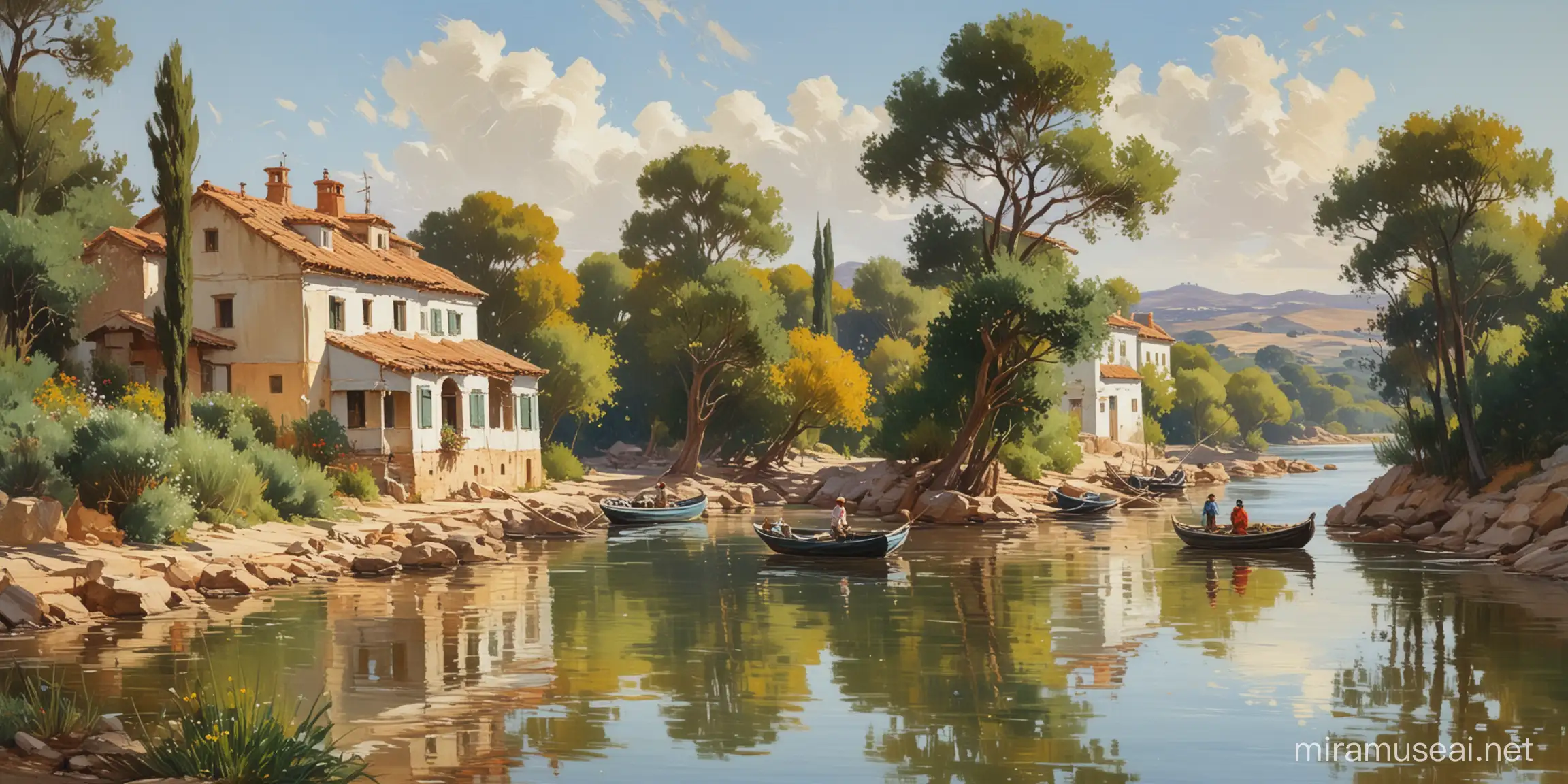 Epic Riverside Fishermans Home with Reflected Trees and Distant Sailing Ship in Sorolla Style