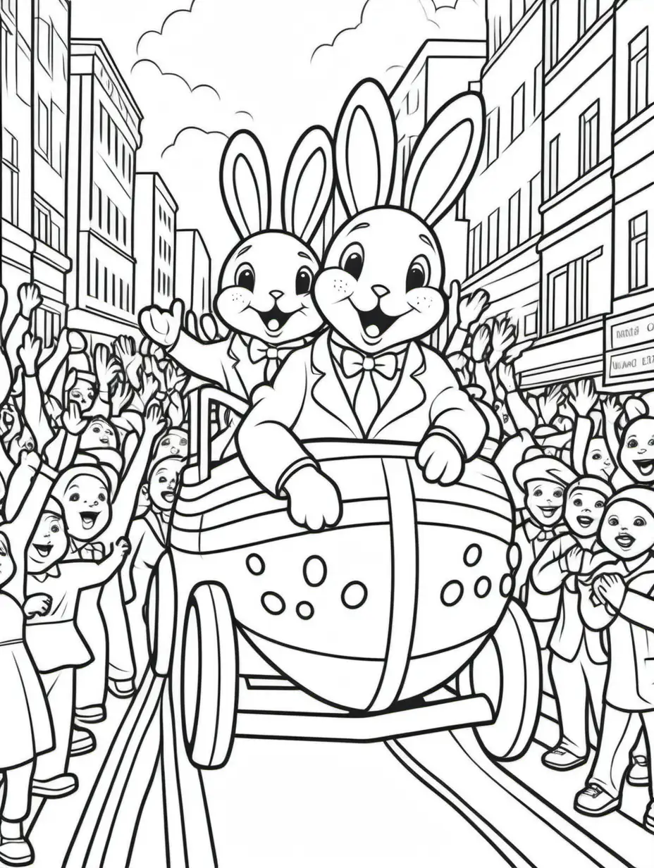 coloring page for kids, solid thick line, Easter parade in street, bunny float, people cheering
