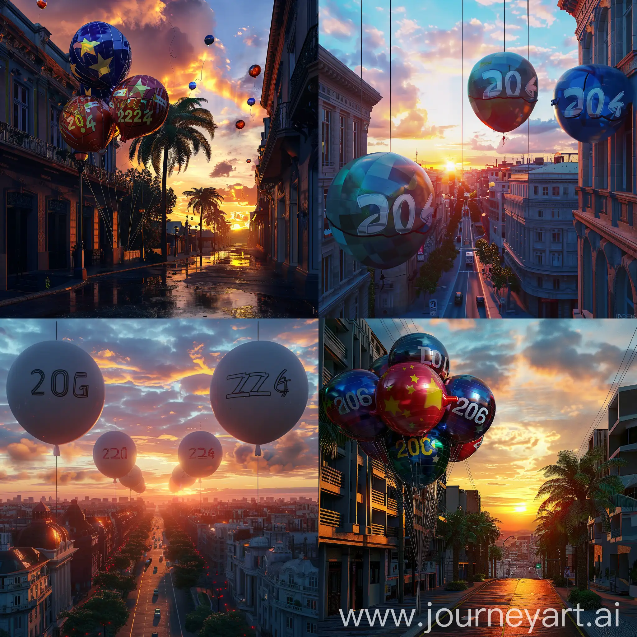 Political election themed city, street view, sunset, balloons with the year '2024' on them, realistic 