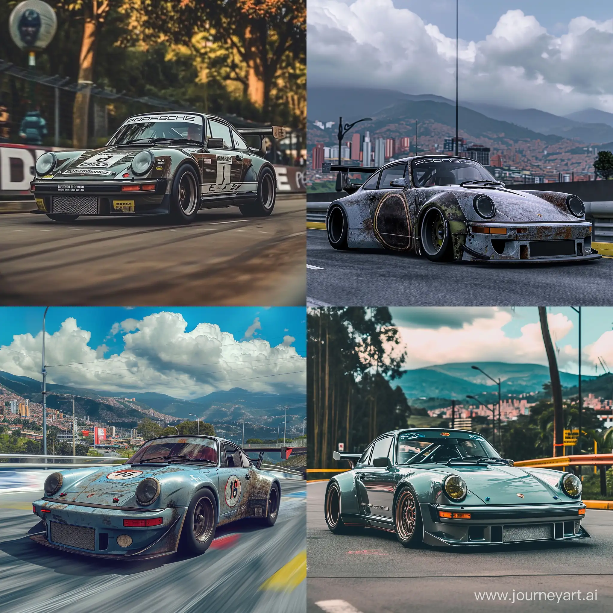 i want an realistic image of an porsche 911 rsr driven by pablo escobar in a race en Medellín .