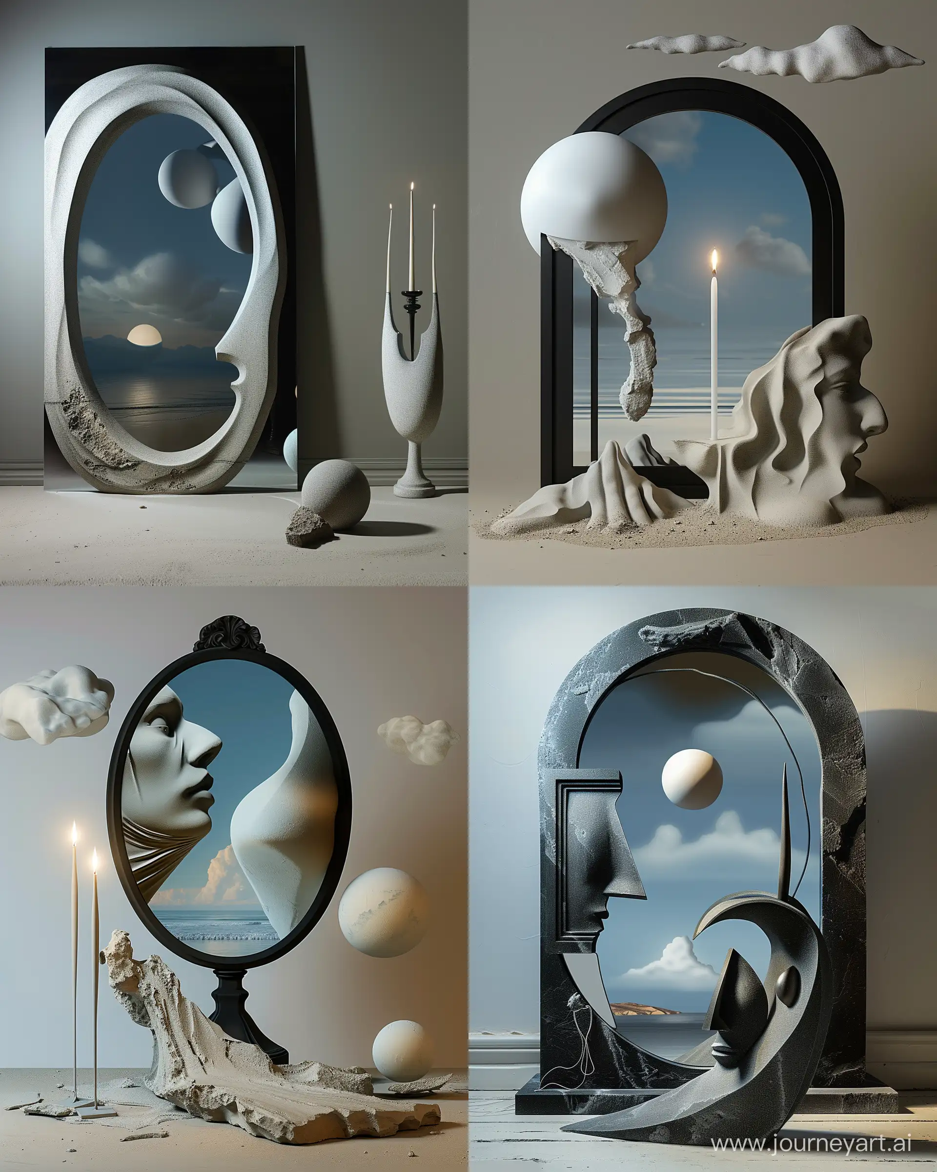 https://i.postimg.cc/rw73TdJ3/sdgery346-Abstract-and-poetic-sculpture-environment-art-in-a-r-e188aa8d-fc19-4253-abf3-e9e039fb9bb7.png,  a black mirror and an abstract portrait sculpture, surrealistic --ar 4:5

