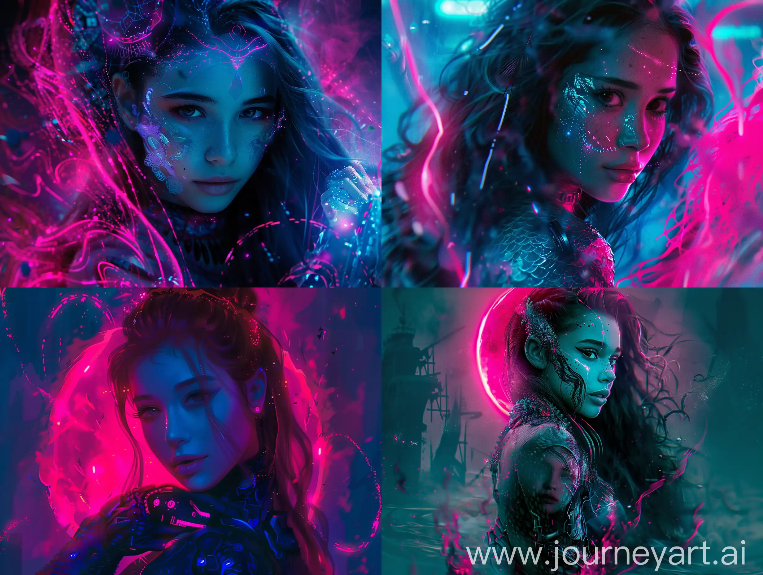 Mermaid, darkness, potrait,  with subtle pink and blue gradients, realistic, 1girl, beautiful, high detail, attractive, fit, pretty face, cyberpunk fantasy, futuristic fairy psychedelic tale, robotic lasers fairy dancing rave in an neon incandescent flame, moonlight enveloping attire tech-punk mech-punk cityscape