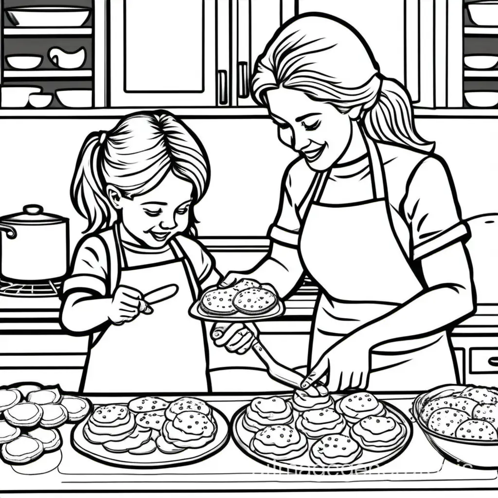 A child and a mother baking cookies together with love coloring page for kids ages 4-8