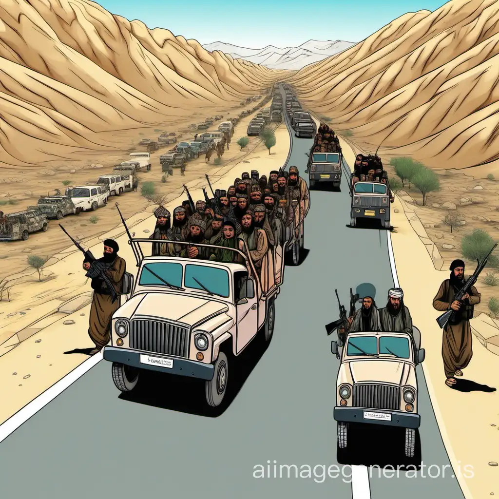 A caravan of armed Mujahideen in Afghanistan, driving along the road, 4K, Cartoon.
